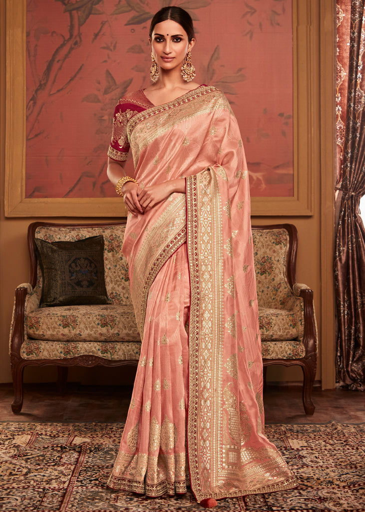 Peach Banarasi Soft Lichi Silk Saree with Jacquard Work By Saree Vale